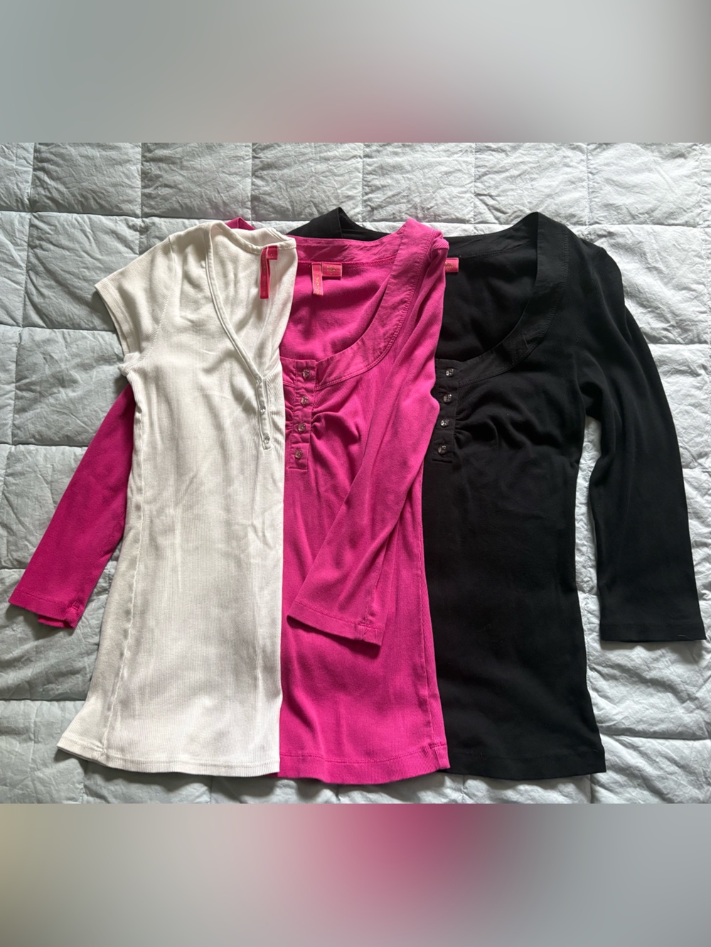 Three Charlotte Tarantola Henley Tops — White, Fuchsia, Black